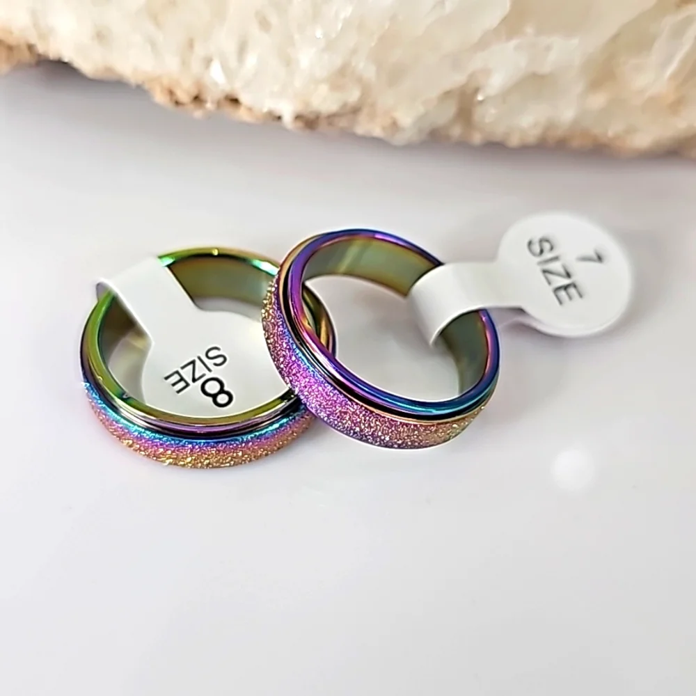 Titanium Stainless Steel ✦ Rainbow Sandblasted Anxiety Spinner Ring Unisex 11 - Picture 3 of 14